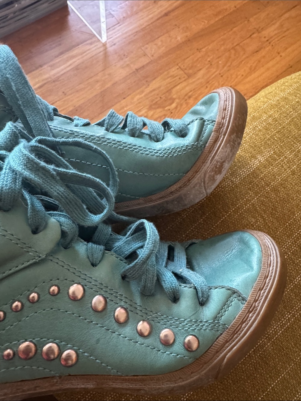 Ash Teal Lace-Up Studded High-Top Heels - Picture 5 of 11